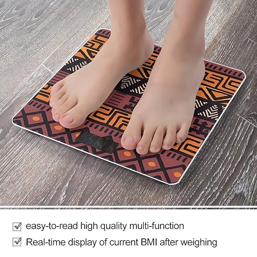African Mud Cloth Tribal Scale for Body Weight Anti-Slip Sturdy Tempered Glass Weighing Machine Highly Digital Accurate Bright LCD Bathroom Scale for Household Gift