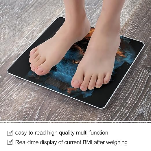 Wolf Head in Blue Flames Bathroom Scale for Body Weight Bathroom Weighing Scale with Backlit LCD Display Highly Accurate Measures Weight Up to 180kg