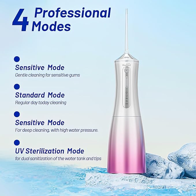 Water Dental Flosser Cordless with UVC Light 3 Modes Portable Oral Irrigator IPX7 Waterproof 300ML Tank Electric Teeth Cleaner for Tonsil Stones Home &amp Travel Use (Pink)