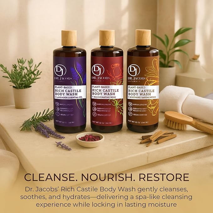 Dr. Jacobs Naturals Castile Sandalwood All-Natural Body Wash for Moisturizing Dry and Sensitive Skin with Plant-Based Ingredients with Pump - 32 Ounce