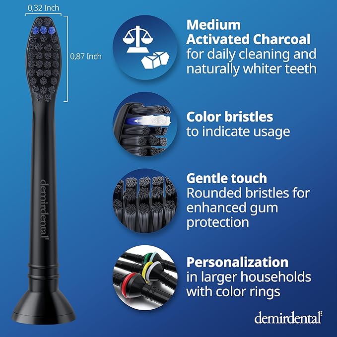 demirdental Active Charcoal Medium Replacement Brush Heads Compatible with Philips Sonicare – Black Toothbrush Heads for Natural &amp Precision Cleaning – Replaces HX9058MB – 8 Pack