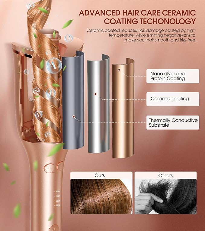 Automatic Curling Iron Auto Hair Curler with 1 Curling Wand Large Slot &amp 4 Temperature &amp 3 Timer Dual Voltage Anti-Tangle Rotating Curling Iron with Auto Shut-Off for Hair Styling Champagn