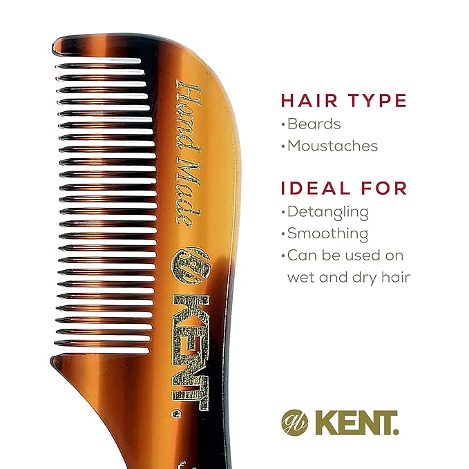 Kent A 81T X-Small Gentleman's Beard and Mustache Pocket Comb Fine Toothed Pocket Size for Facial Hair Grooming and Styling. Saw-cut of Quality Cellulose Acetate Hand Polished. Hand-Made in England