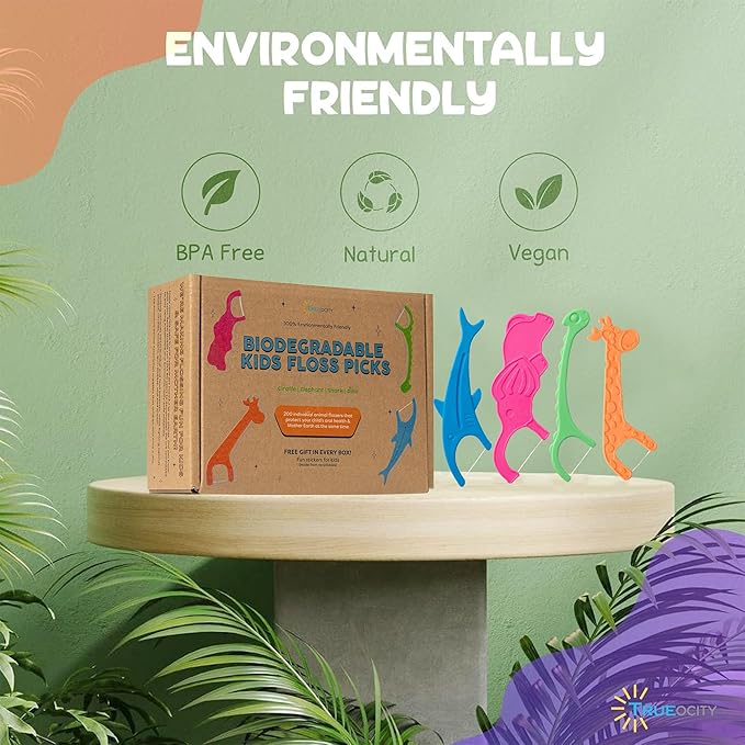 Biodegradable Kids Flossers -200 Pack Natural Kids Floss Picks Fluoride Free Biodegradable Floss Pick Organic Animal Dental Floss Picks Dental Floss Sticks - 4 Fun Animal Designs