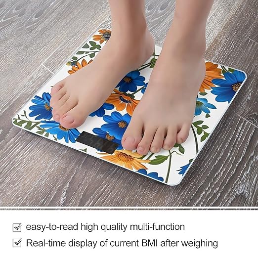 Blue and Orange Flowers on White Background Scale for Body Weight Highly Accurate Digital Bathroom Body Scale Digital Bathroom Scales for People Anti-Slip Large LCD Display Smart Scales