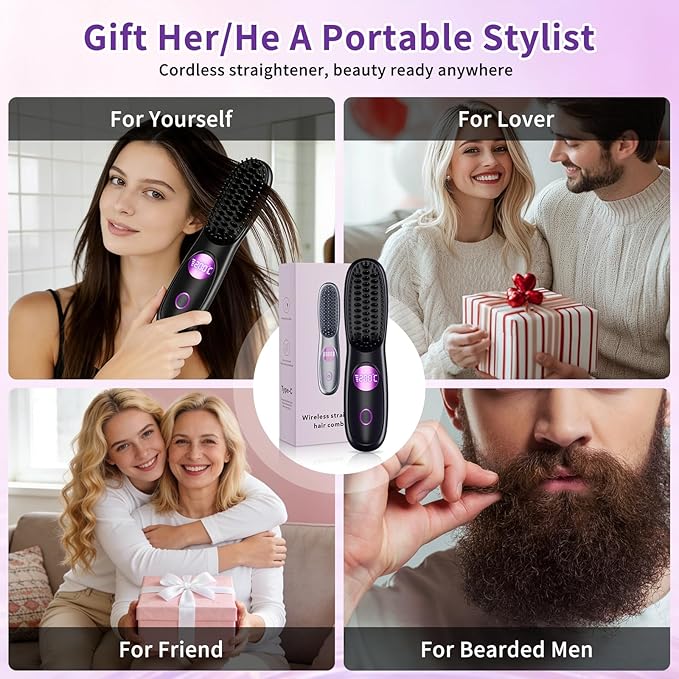 Cordless Hair Straightener Brush - Mini Portable Fast Heating Hair Straightener for Travel -USB Rechargeable Ceramic Straightening Comb with LED Display -3 Adjustable Heat Settings for Short/Long Hair