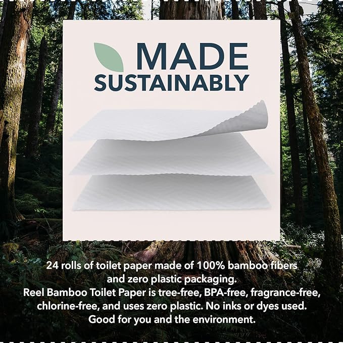 Reel Premium Bamboo Toilet Paper - 24 Rolls of Toilet Paper - 3-Ply Made From Tree-Free - Zero Plastic Packaging Septic Safe
