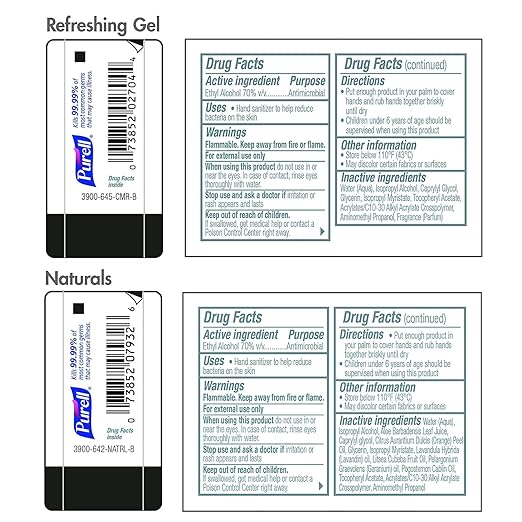 PURELL Advanced Hand Sanitizer Variety Pack Naturals and Refreshing Gel 1 fl oz Travel Size Flip Cap Bottle with JELLY WRAP Carrier (Pack of 36) - 3900-36-CMRFRAG