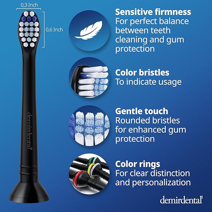 demirdental Toothbrush Heads mini Sensitive Compatible with Philips Sonicare Toothbrush Heads - Soft &amp Small Replacement Heads for Sensitive Teeth - Black - Replaces HX6088b - 8 Pack