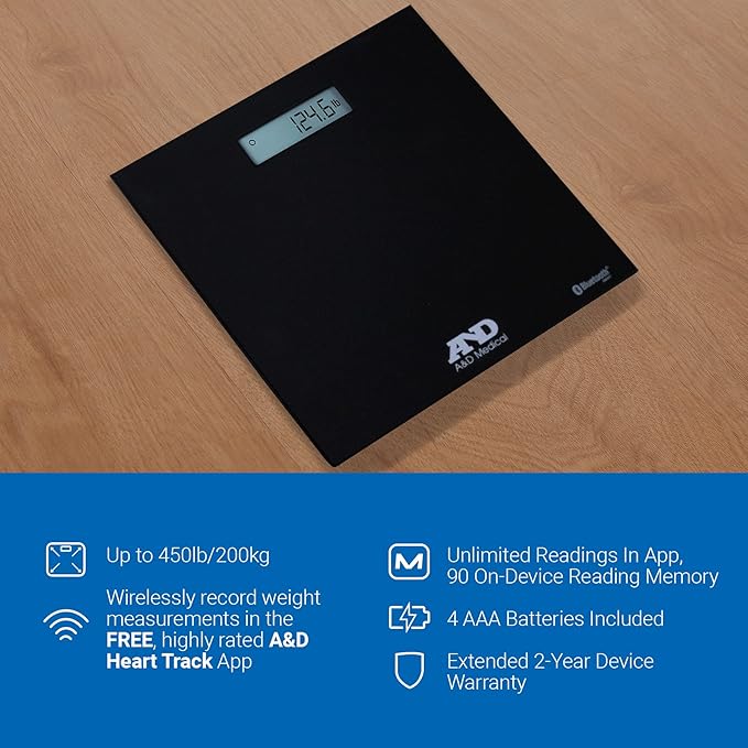 A&ampD Medical Digital Body Weight Scale - UC-352BLE - Bluetooth Bathroom Weight Machine Syncs with A&ampD Heart Track App - 450lb (200kg) - Batteries Included Black