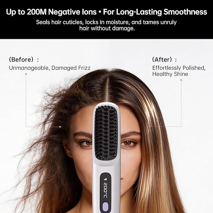 GERY Wireless Hair Straightener Brush Cordless Negative Ion 3 Temp Settings (160℃/180℃/200℃) MCH Fast Heating 4X Longer Battery LED Display Portable for Travel &amp Home (White)