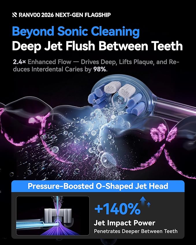 RANVOO AirJet X5 [Next-Gen Jet-Flow | Maximum Clean Power] Sonic Electric Toothbrush 100% Plaque Removal Whitening &amp Gum Care 60-Day Battery Life Rechargeable with 3 Pro Brush Heads Ivory Whi