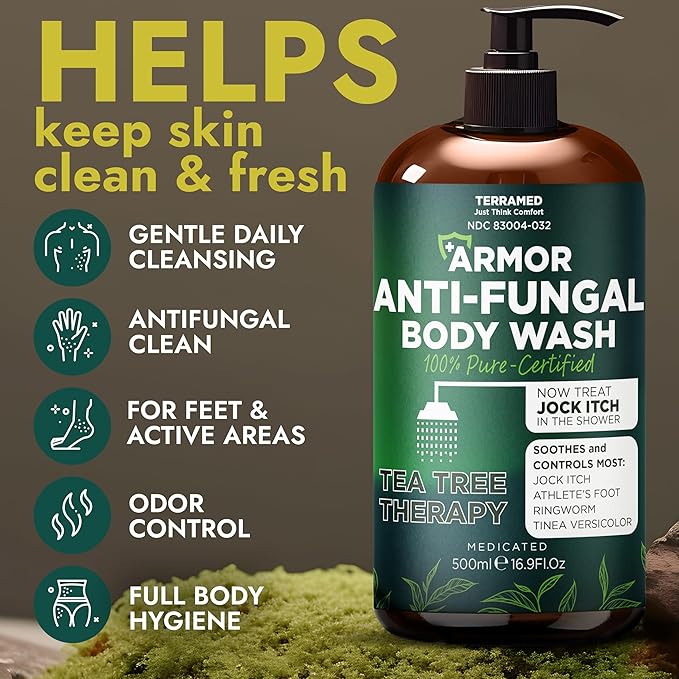 Antifungal Body Wash with Tea Tree Oil | Antifungal Soap for Back AcneTreats Ringworm Eczema &amp Jock Itch | Antifungal Body Soap For Men And Women | Includes Silicon Scrubber (16.9 oz)