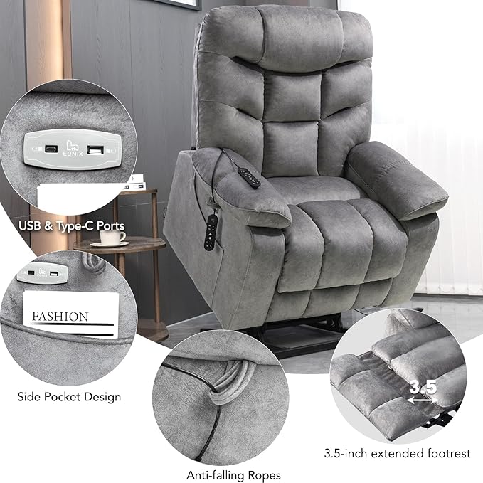EONIX Oversized Wide Big Man Power Lift Recliner Chair for Elderly with Heat and Massage 400lbs Dual Motor Lay Flat Electirc Lift Chair with Extended Footrest SLRY008063 Grey