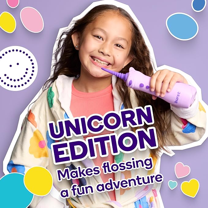 BURST Kids Water Flosser (Unicorn) | Cordless &amp Rechargeable Water Flosser for Teeth | 3 Gentle Pressure Modes | Silicone Safety Tip | Braces-Friendly | Fun Kid-Safe Design | 155mL Water Tank