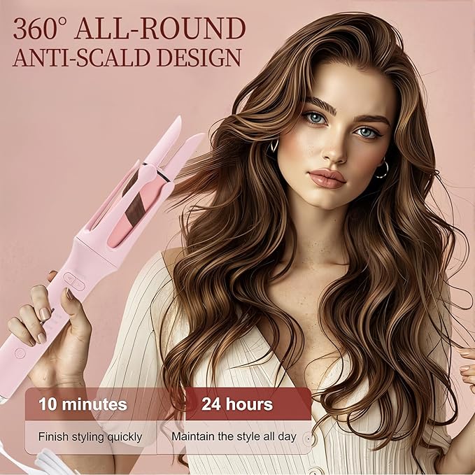 Automatic Rotating Curling Iron with 4 Temperature - Beach Waves Curling Wand Portable Hair Curler Dual Voltage &amp Lightweight for Travel Automatic Shut-Off Anti-Scald-Pink