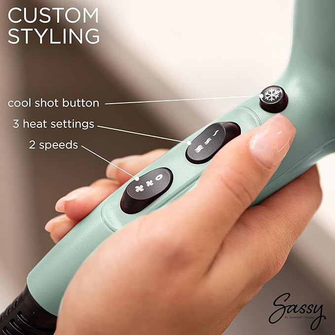 Sassy Ceramic Ion Hair Dryer 1875-Watt Salon Dryer with Concentrator and Diffuser Multiple Heat Settings and Cool Shot (Aqua)