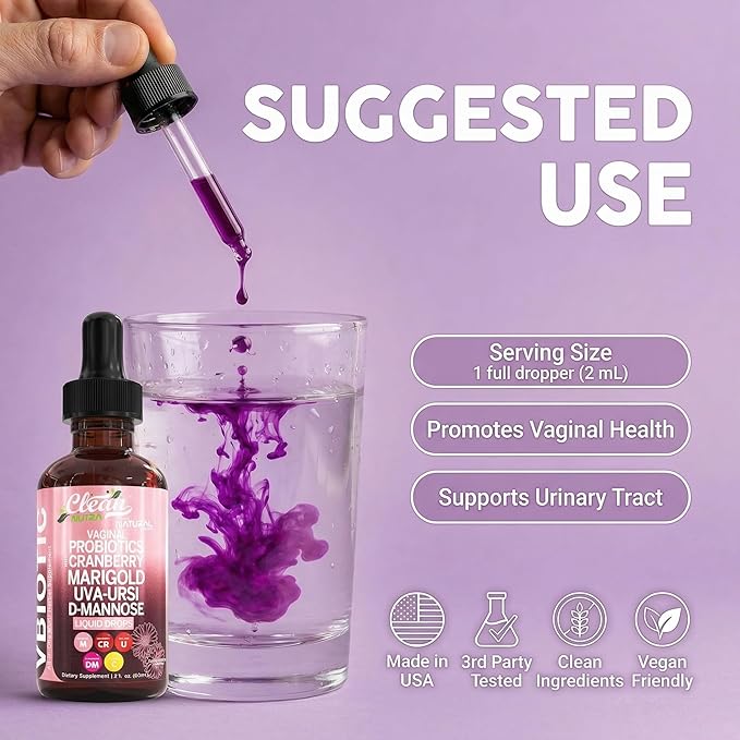 VBiotic Vaginal Probiotic for Women Liquid Drops | Womens Probiotics | Cranberry Uva Ursi Horsetail D-Mannose Prebiotics Marigold &amp Black Cohosh Vaginal Health Supplement | pH Balance | By Clean N