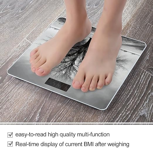 Black and White Tree Scale for Body Weight High Precision Digital Weight Scales with LCD Display Anti-Slip Sturdy Slim Tempered Glass Bathroom Scale for Home Use
