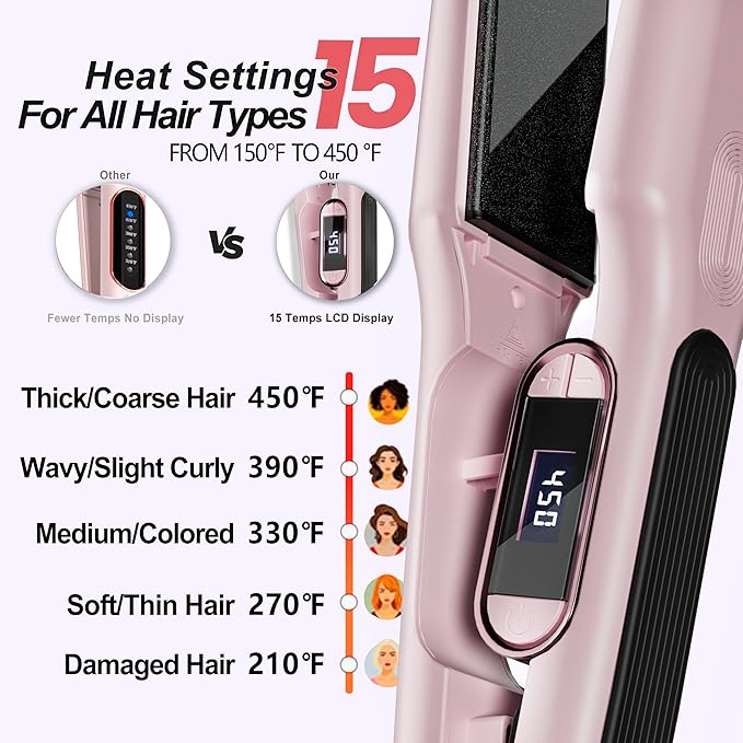 Ceramic Flat Iron Hair Straightener with 3D Floating PlateHair Iron Straightener with 15 Temps for Thick Hair | Ergonomic Silicone Handle | LCD Display | Dual Voltage (Light Pink)