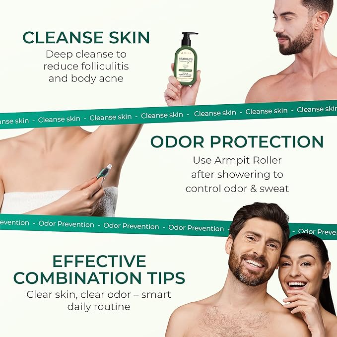 ABERA Folliculitis BHA Shower Gel High-Performance Folliculitis Body Wash Wild Bitter Melon Extract Reduces Back Acne &amp Hyperkeratosis 2 Boxes + Titanium Armpit Serum Roller