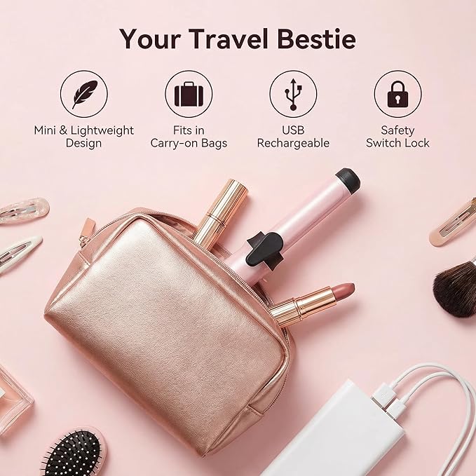 USB Rechargeable Cordless Curling Iron &amp Straightener 2-in-1 Mini Travel Hair Styler with Dual Temperature Settings Ceramic Portable Curling Wand for On-The-Go Touch-Ups(Gold)