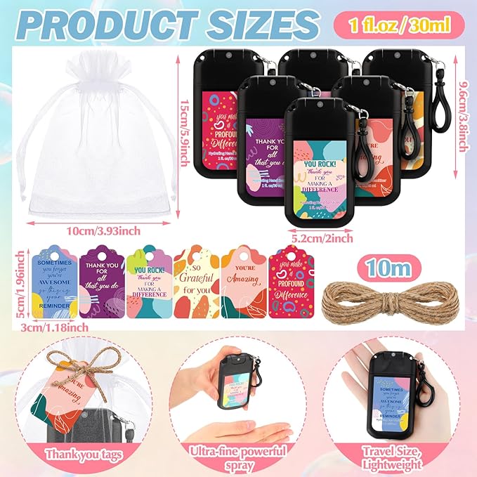 Frienda 24 Set Travel Size Hand Sanitizer Spray Bulk Portable Power Mist Thank You Mini Hand Sanitizer Employee Appreciation Day Gifts for Teacher Coworker Team Women's Day (KeychainBlack)