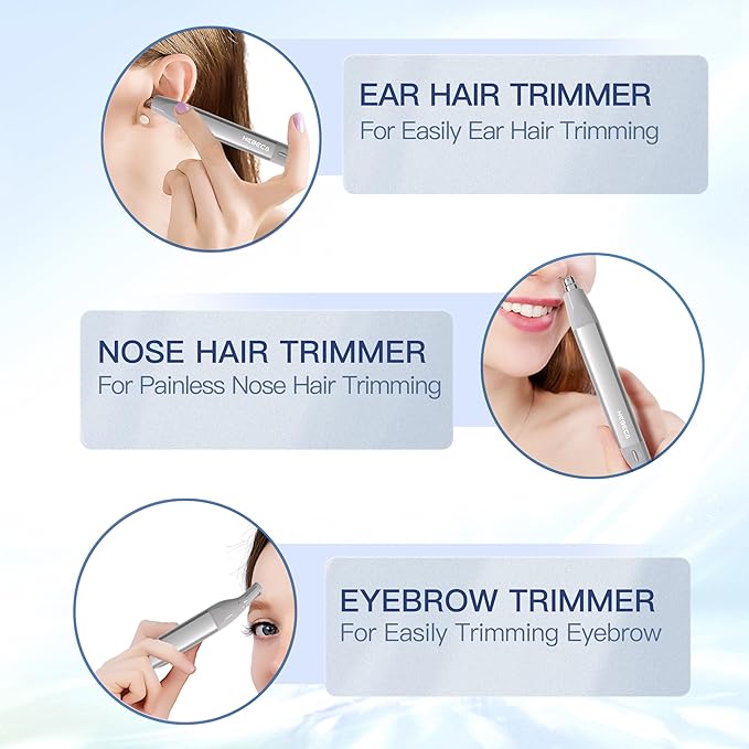 Nose Hair Trimmer for Men Women 2in1 Facial Hair Removal Trimmer - Metal Body Rechargeable Waterproof Portable - Nose Ear Eyebrow Peach-Fuzz Lips Chin (Silver)