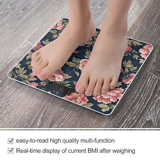Digital Bathroom Scale for Body Weight Scale with Bright LCD Display High Accuracy Step-On Technology Auto On/Off Green Floral Pattern Digital Scales 400 Lbs /180kg