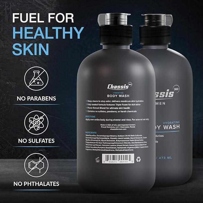 Chassis 360 Men's Body Wash - Maximum Hydration Liquid Body Cleanser for Men - Triple Foam Formula with Clean Fusion Scent - Suitable for All Skin Types - Sulfate &amp Paraben Free - 16 Fl Oz Bottle