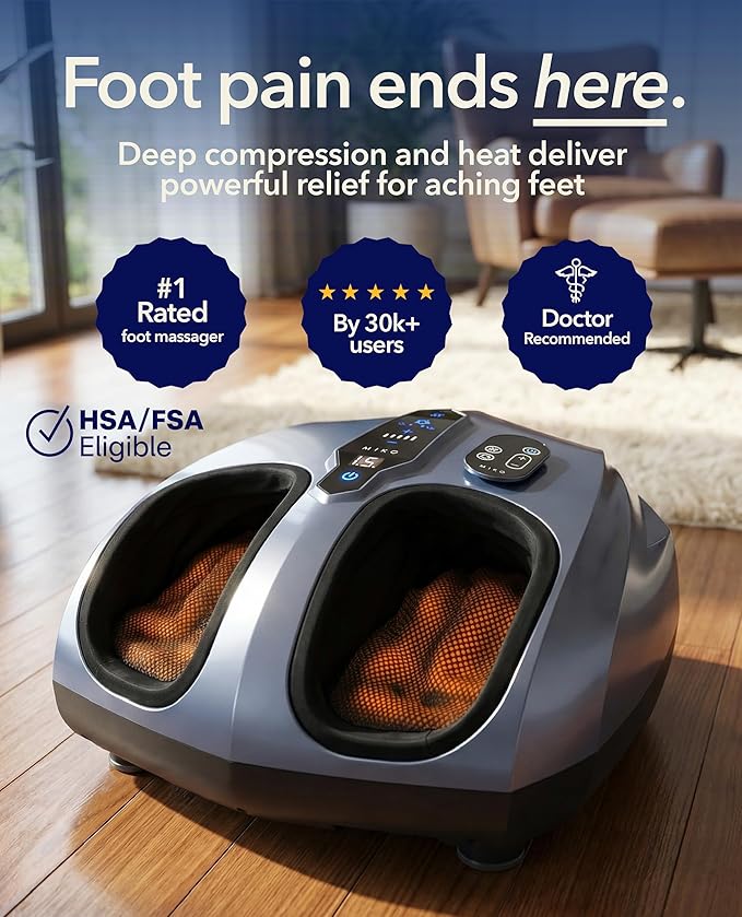MIKO Foot Massager Machine - Deep Kneading Shiatsu Air Compression and Heat Therapy - Plantar Fasciitis Diabetics Neuropathy Fits Up to Men Size 12