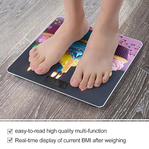 Colorful Happy Birthday Cupcakes Bathroom Scale Weight Scale for Body WeightHighly Accurate Digital Weighing Machine Clear LED Display Digital Bathroom Body Scale 400lb/182kg