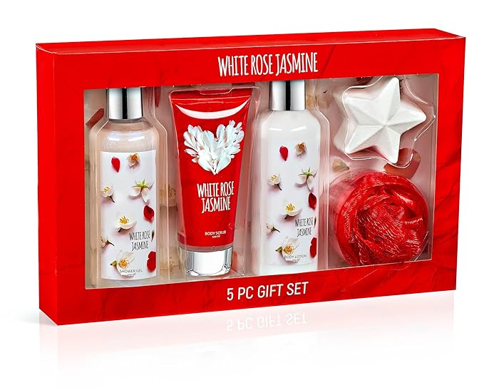 Fragrance Bath &amp Body Collection Gift Box Includes Shower Gel Body Lotion Body Scrub Bath Bomb &amp Sponge (White Rose Jasmine) – Mother's Day Gift for Mom