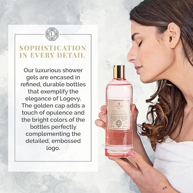 Logevy Pepe Rosa Shower Gel – Indulgent Pink Pepper Aroma Made from the Best Skin-Friendly Ingredients Rich in Nutritional Properties for Rejuvenating Hydrating and Soothing Action – 500ml
