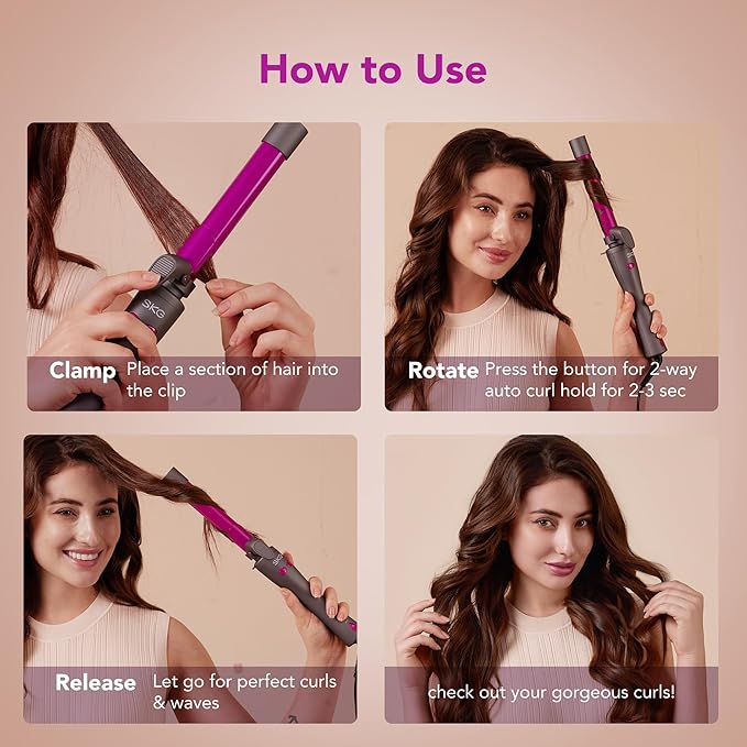 SKG Automatic Rotating Curling Iron 1-Inch Ceramic Barrel 2-Way Rotation 3 Heat Levels 60s Fast Heating 30-Min Auto Shut-Off Dual Voltage for Effortless Beach Waves &amp Curls