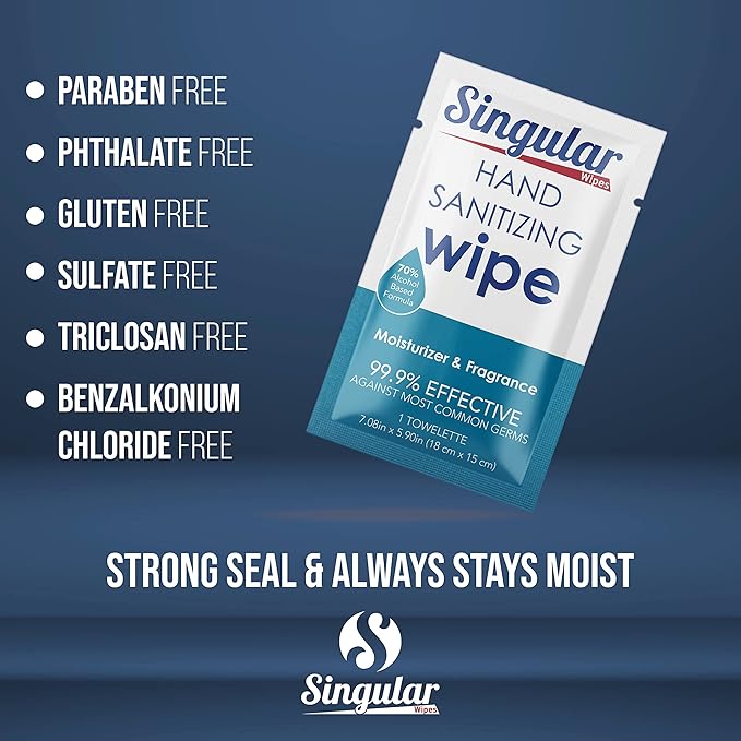 Hand Sanitizing Wipes Travel Size by Singular Wipes – 100ct Individually Wrapped | Fresh Citrus Scent Moisturizing 70% Alcohol Wipes | Travel Office School Home | Made in USA