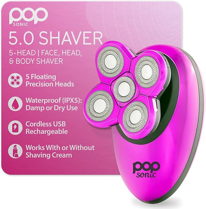 Pop Sonic 5-Head Electric Shaver Kit - Unisex (Purple) Shaver for Face Head &amp Body - Smooth Waterproof USB Rechargeable Trimmer with 360-Degree Precision Cut Heads for Men &amp Women