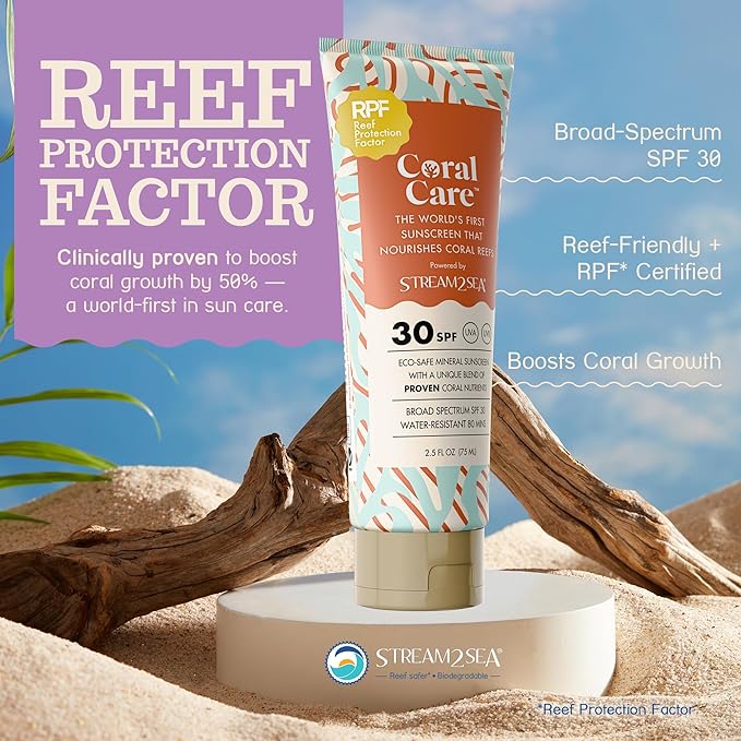 Stream2Sea Coral Care - Reef Safe Sunscreen SPF 30 Travel Size - First Reef-Approved Natural Mineral Sun block Boosts Coral Growth Water resistant Biodegradable Eco-Friendly Sunscreen