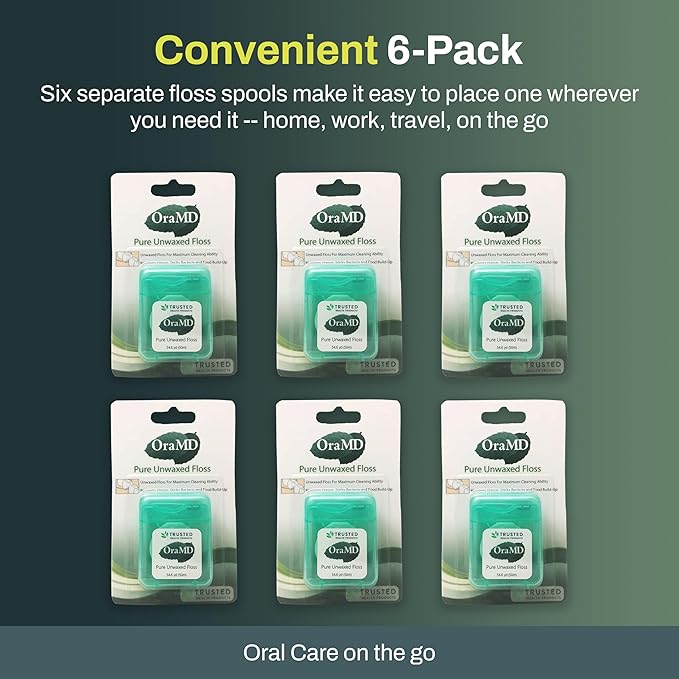 OraMD Oral Care Pure Unwaxed Dental Floss 54.6 Yards - PFAS-Free Chemical Free Shred Resistant - Unscented and Ultraclean Plaque Removal - Teeth and Gum Protection for Adults - Pack of 6