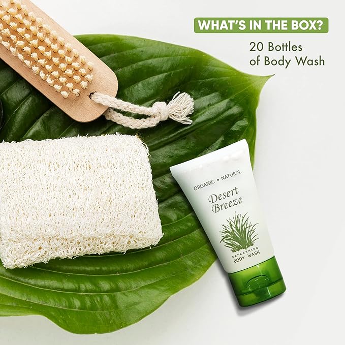 Travel Size Hotel Body Wash 20 Count 1 oz Bottles Guest Amenities for Vacation Rentals and Short Term Rentals Paraben Free Green Tea &amp Lemongrass Scent Infused with Aloe and Olive Oil by Desert Br