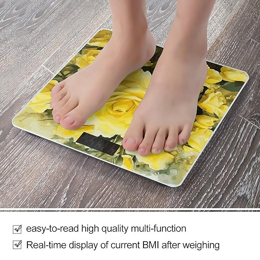 Yellow Rose Scale with LCD Easy-to-Read Anti-Slip Weight Digital Bathroom Scale Precision Weighing Scales Sturdy Tempered Glass Body Weight Scales for Daily Use