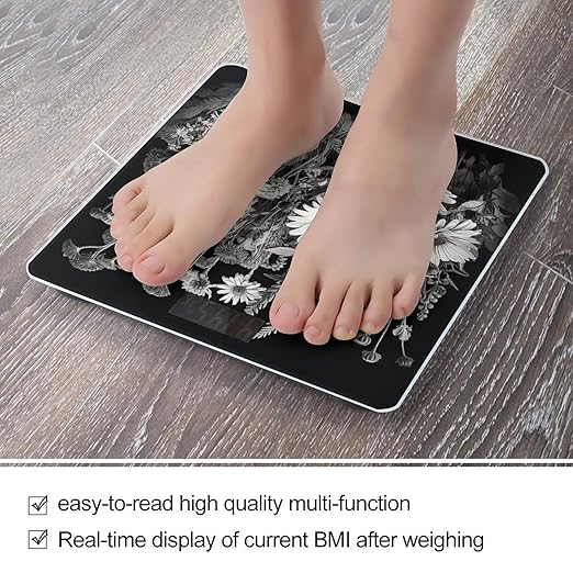 Black and White Flowers Weight ScaleClear LED Display Bathroom Digital Weighing ScaleTempered Glass Digital Bathroom Scale for Body Weight Capacity Up to 400 Lbs