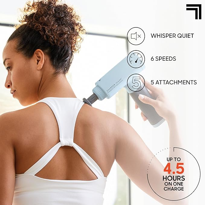 Sharper Image Deep Tissue Percussion Massage Gun Powerboost Rechargeable Handheld Massager 6 Adjustable Speeds 5 Attachment Heads &amp Carrying Case Full Body Muscle Pain Relief Light Blue