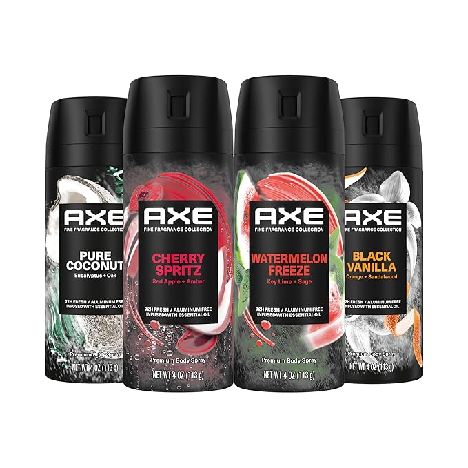 AXE Fine Fragrance Body Spray Variety Pack 4 Pack Touch of Sweetness - Cherry Spritz Pure Coconut Black Vanilla Watermelon Freeze Aluminum Free 4 oz