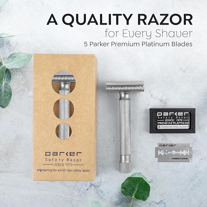 Parker THE VARIANT CLOSED COMB - ADJUSTABLE Double Edge Safety Razor Customize your Shave with a Turn of the Dial from Mild to Aggressive - 5 Blades Included (SATIN CHROME)