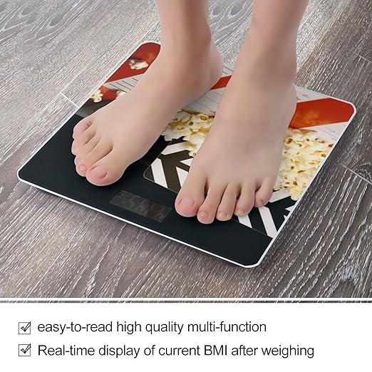 Cinema Clapboard and Popcorn Scale for Body Weight Safe Rounded Corners Tempered Glass Digital Bathroom Scale LED Display 400lb Capacity Weight Scales with High Precision Sensors