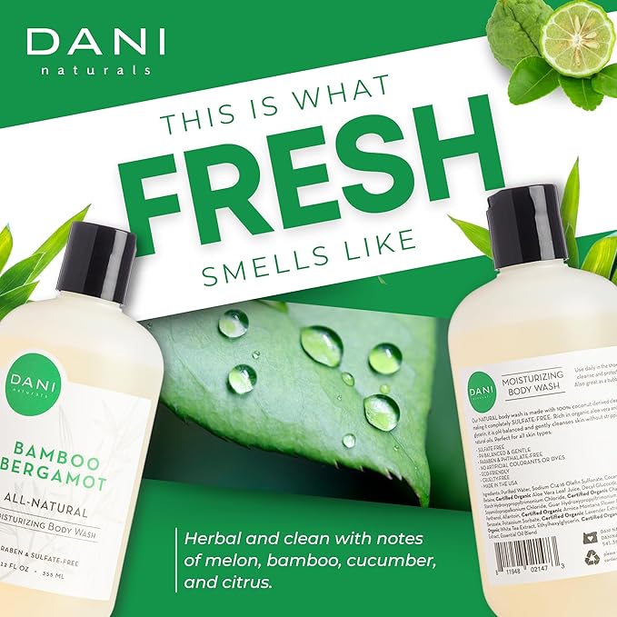 DANI Naturals Moisturizing Body Wash - Refreshing Bamboo Bergamot Scent with Organic Aloe Vera &amp Natural Glycerin - Paraben &amp Sulfate-Free Shower Gel - For Men &amp Women - 12 oz - Vegan &amp