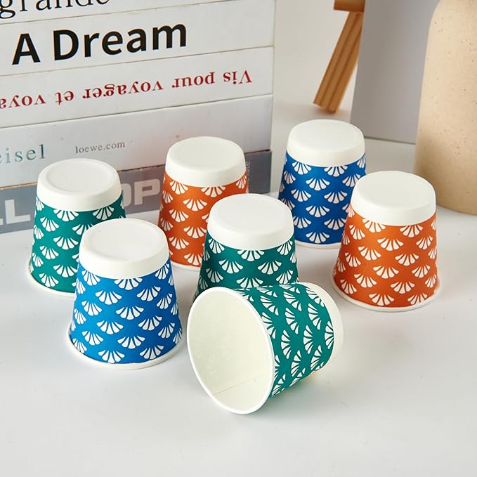 JollyPack 1200 Pack 3 oz Disposable Bathroom Paper Cups Small Mouthwash Cups in Orange Blue and Green Great for Candy Biscuits Bathroom Use Parties Picnics and Travel