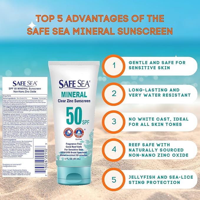 Safe Sea Zinc Oxide Sunscreen SPF50 | Clear Mineral Face Sunscreen Without White Cast | Anti-Jellyfish Sting Protective Lotion | Coral Reef Safe | Travel Size - 2Oz (60ml) Pack of 2