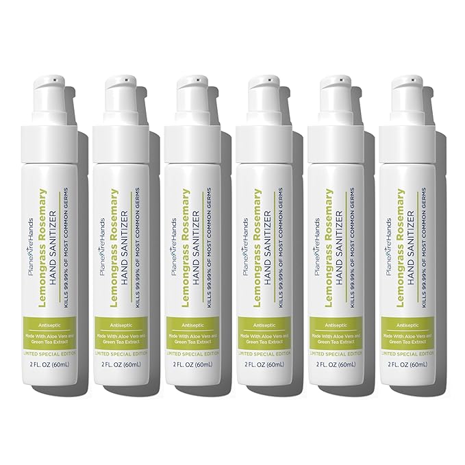 Lemongrass Rosemary Lotion Hand Sanitizer | Travel Size | Cleanse &amp Moisturize | Made with Aloe Vera &amp Essential Oils | Rich in Vitamin E | Lemongrass Essential Oil | Green Tea Extract | 6-Pac